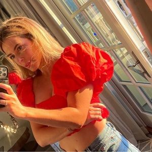 ZARA Red Puff Sleeve Crop Top Size M